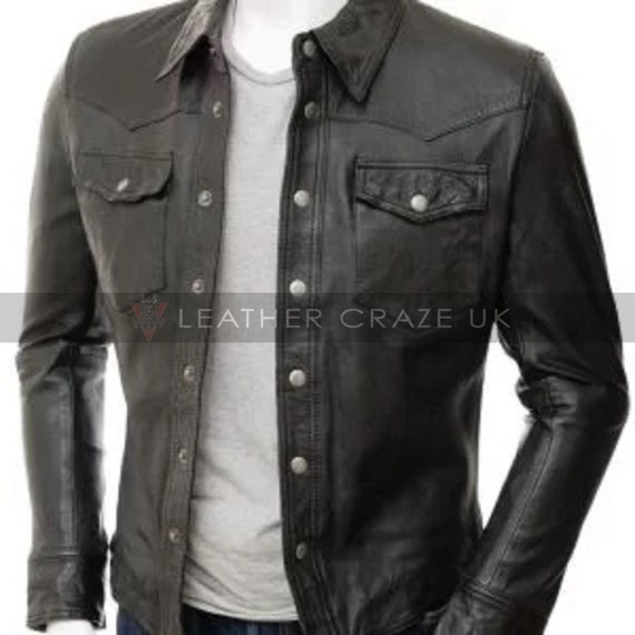 Genuine Leather Slim Fit Black Shirt 