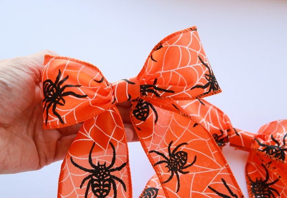 Halloween Orange Bow with Spider Web Design Halloween Spiderweb Bow: Orange & Black Hair Accessory - Etsy main image 2