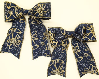 2 x Large Hand Tied Decorative Bows - Craft Supplies, Ribbon, Navy Blue Bows.