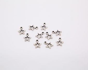 10 x Little Open Star Charms in Antique Silver Finish