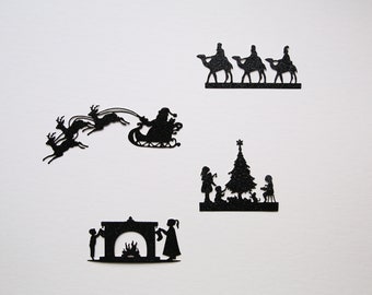 A Pack of 4 Glitter Card Die Cut Christmas Silhouette Scenes - Card Embellishments, Card making, Scrapbooking, Journaling, Kid's Crafts etc.