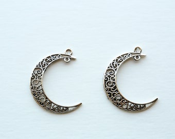 Filigree Moon Pendants in Antique Silver Finish x2