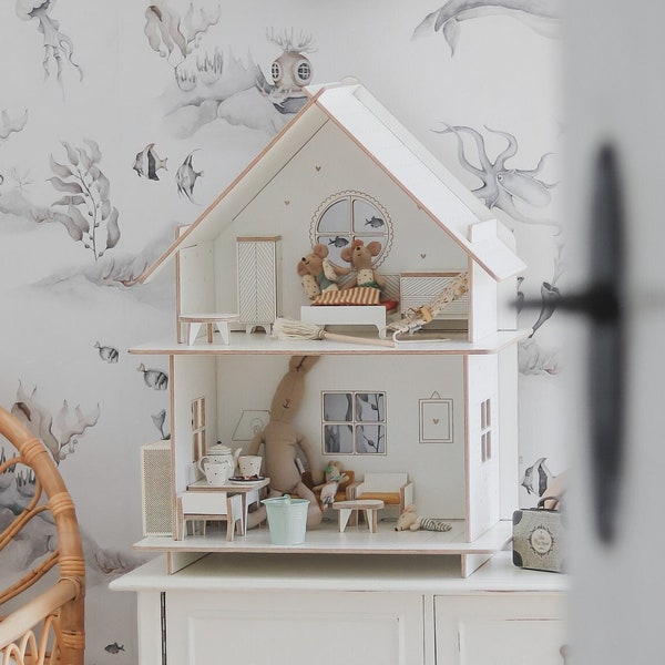Maison de poupée en bois avec meubles / Maison de poupée moderne, qualité premium