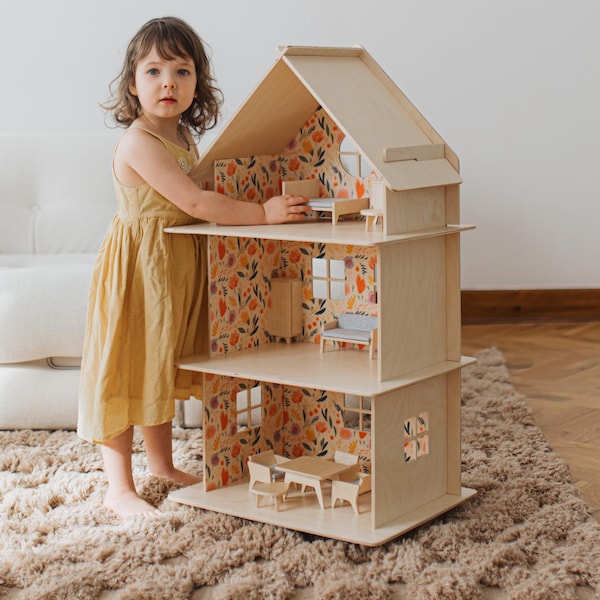 Maison de poupée en bois / Maison de poupée moderne / Grande maison de poupée / Meubles