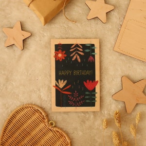 Carte en bois, Joyeux anniversaire Flower Power