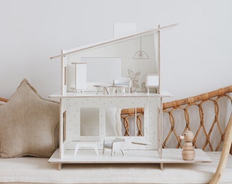 Wooden Dollhouse with furnitures , modern and minimalist design