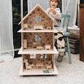 Vintage wooden doll house, open ended toy, with miniature handmade furniture, perfect as a Christmas gift for girl or boy, flower detail