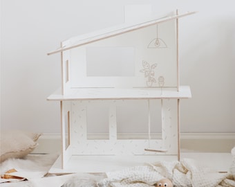 Wooden Dollhouse without furnitures / minimalist and modern design, kids room interior