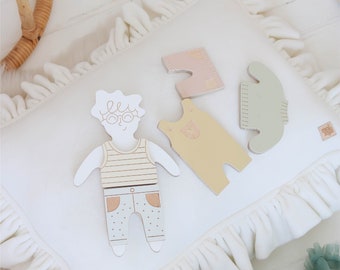 Magnetic Doll Finn with clothes, wooden toy