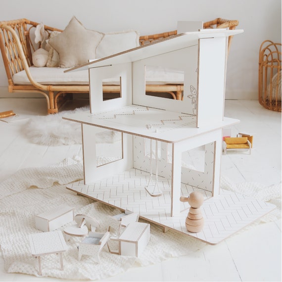 Wooden Dollhouse With Furnitures Modern and Minimalist Design