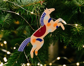 Adorno navideño de caballo de madera Palomino, estilo folklórico escandinavo, adorno colgante nórdico para árbol de Navidad, decoración festiva.