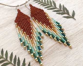 Burnt Orange & Green Seed Bead Fringe Earrings