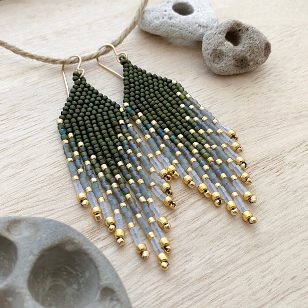 Petite Moss Green Haze Color Block Gradient Bead Fringe Earrings