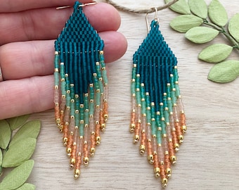 Teal & Peach Color Block Gradient Bead Fringe Earrings