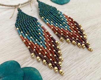 Ponderosa Pine Color Block Gradient Bead Fringe Earrings