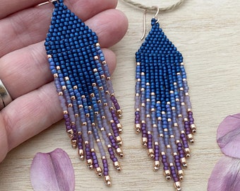 Blueberry Haze Color Block Gradient Bead Fringe Earrings