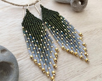 Moss Green Haze Color Block Gradient Bead Fringe Earrings
