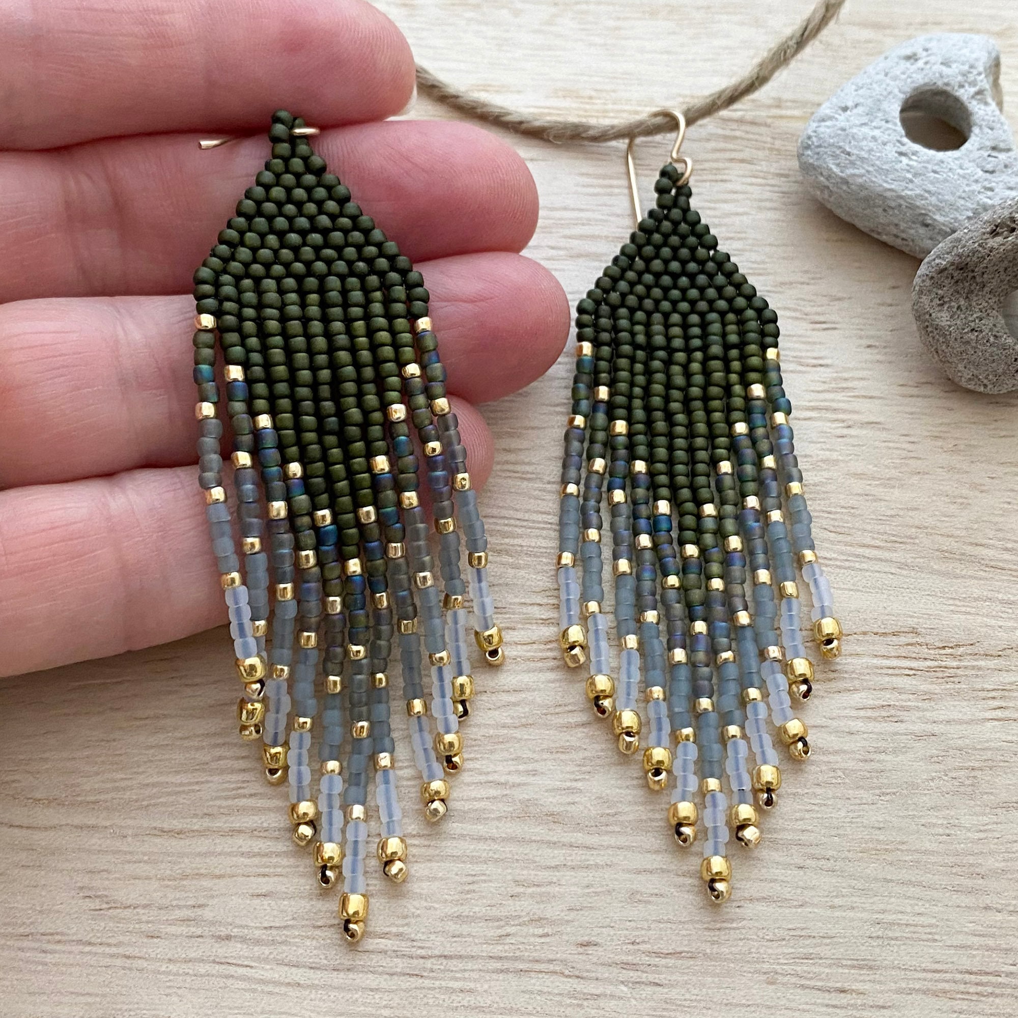 Moss Green Haze Color Block Gradient Bead Fringe Earrings
