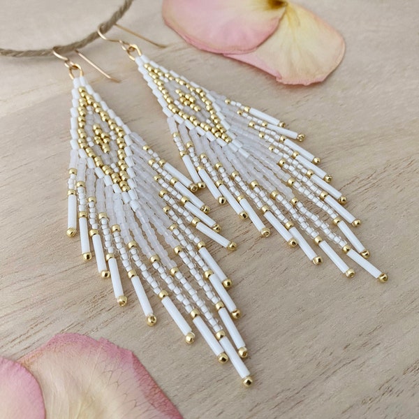 White Diamond Feather Fringe Bead Earrings