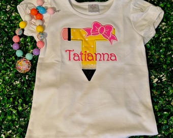 Pencil Appliqué Letter Top: Custom Name School Theme Shirt