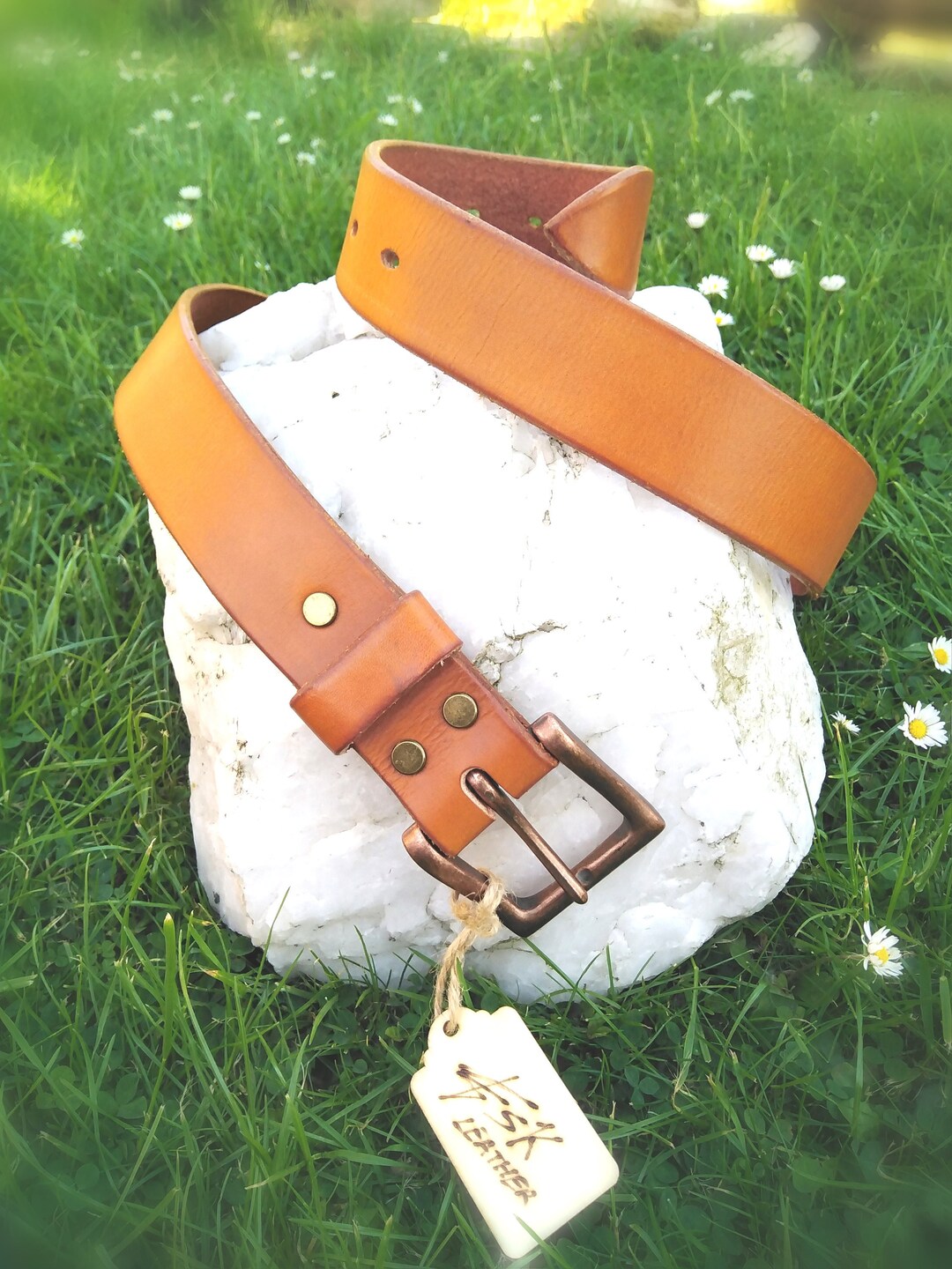Stylish Brown Tan Leather Belt, Copper Buckle, Handmade, Veg  display picture 3