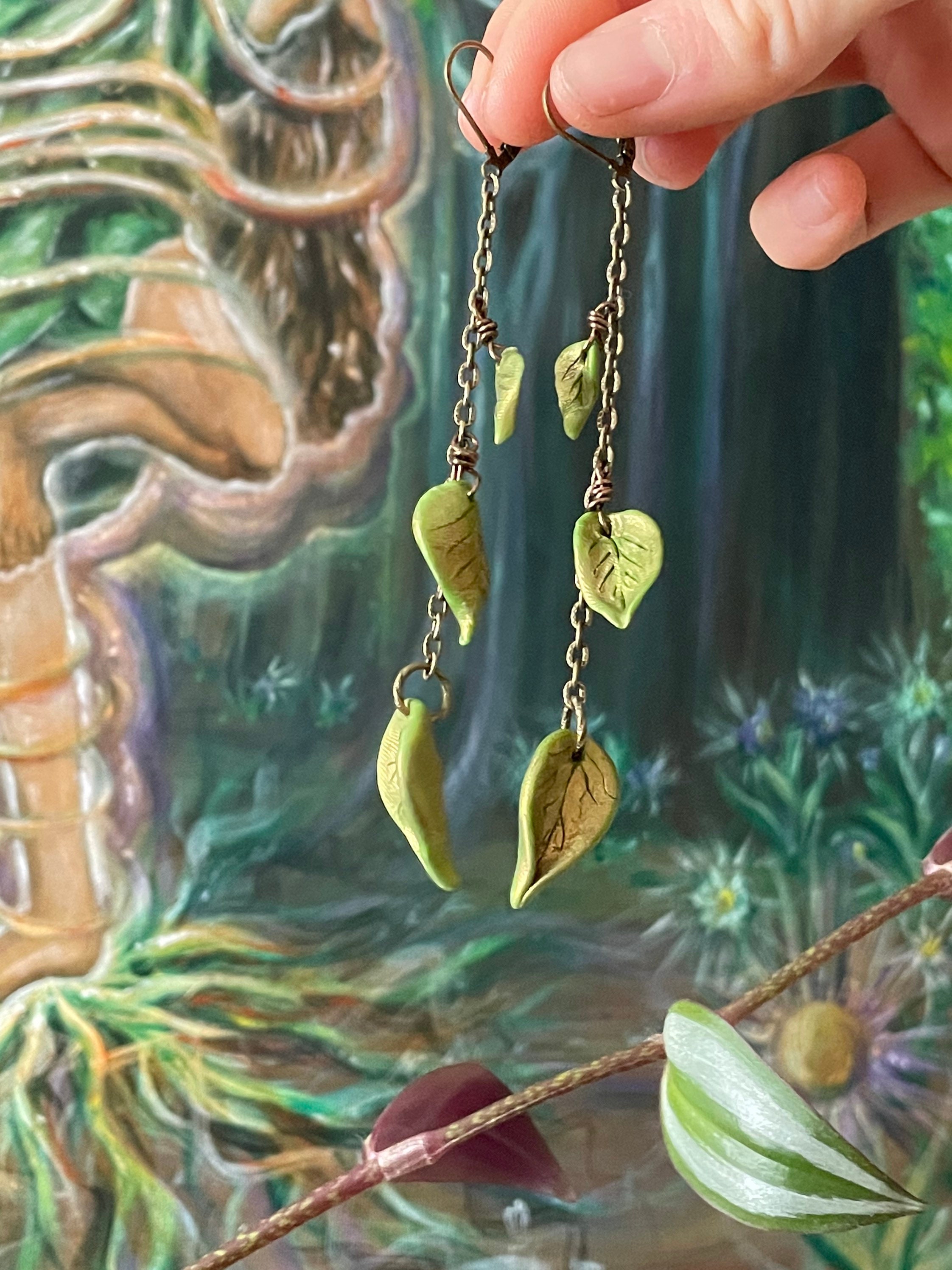 Antiqued Brass & Clay Leaf Earrings Etsy