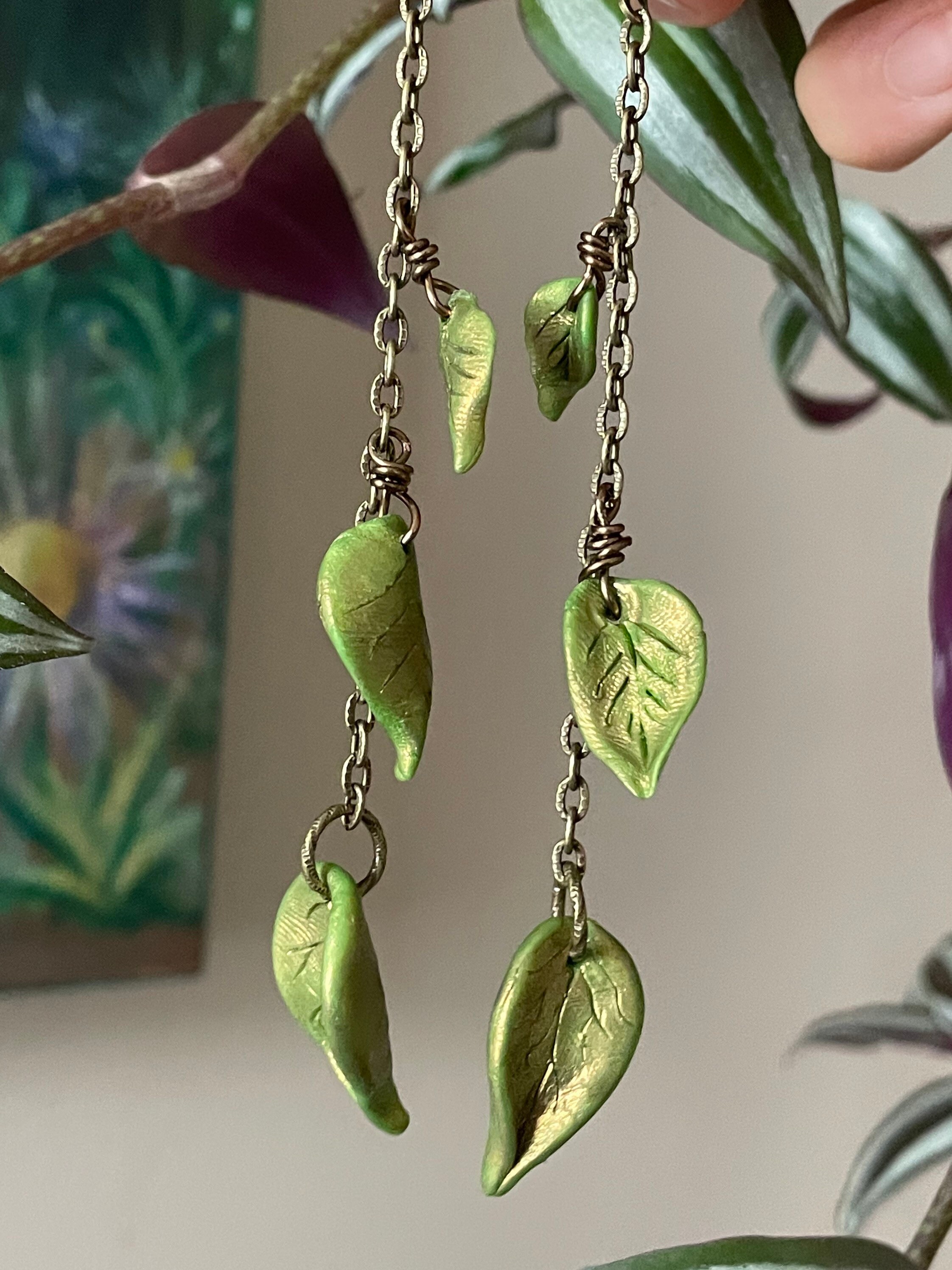 Antiqued Brass & Clay Leaf Earrings Etsy