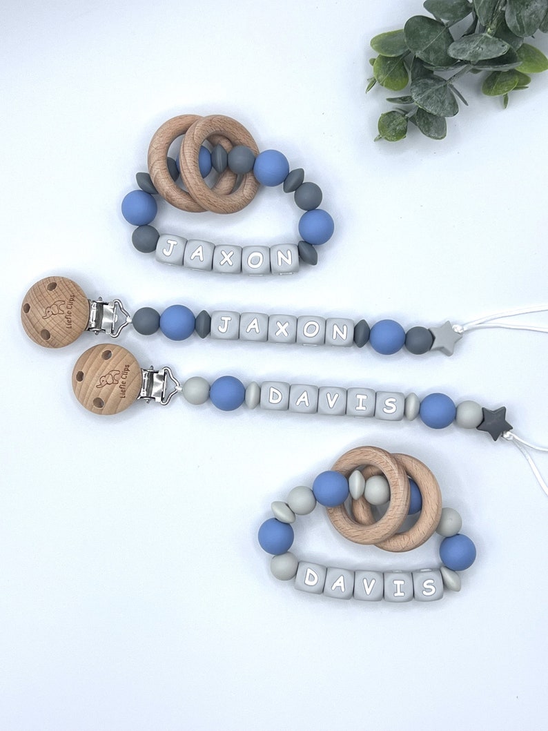 Pacifier Clip, blue Pacifier Clip, blue and gray pacifier clip, Gray letter pacifier clip