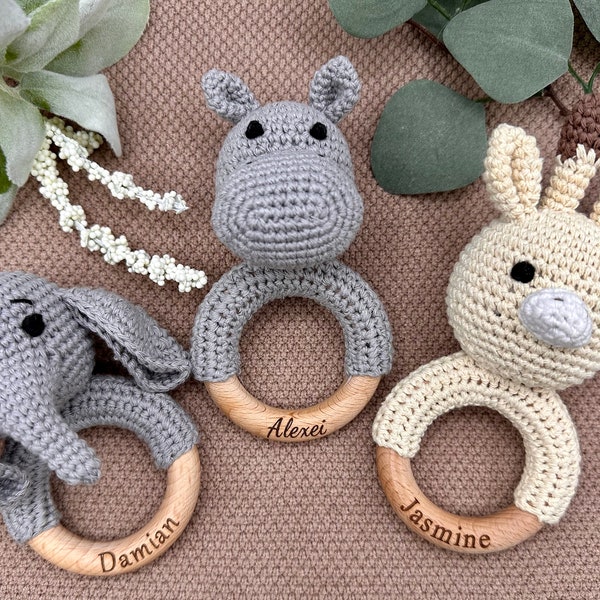 Baby Shower Gift, Animal Crochet Rattle, Baby Shower Ideas, Newborn Gift Ideas, Custom Baby Rattle, Crochet Rattle, Engraved Rattle