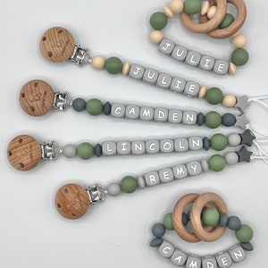 Pacifier Clip, Green Pacifier Clip, Green and gray pacifier clip, Gray letter pacifier clip