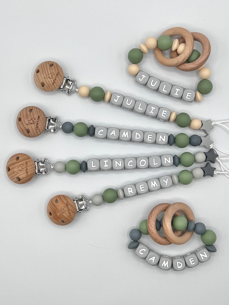 Pacifier Clip, Green Pacifier Clip, Green and gray pacifier clip, Gray letter pacifier clip