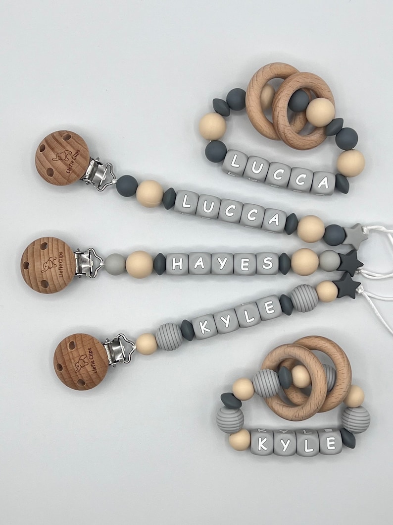 Pacifier Clip, beige Pacifier Clip, beige and gray pacifier clip, Gray letter pacifier clip