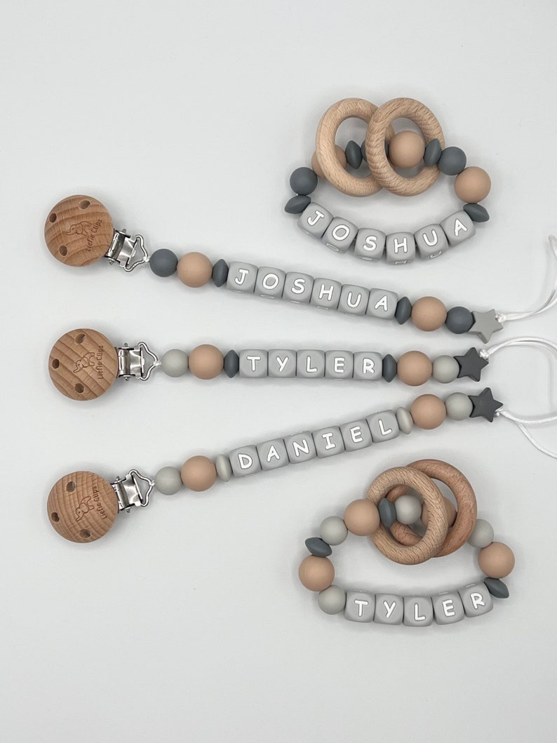 Pacifier Clip, natural Pacifier Clip, natural and gray pacifier clip, Gray letter pacifier clip