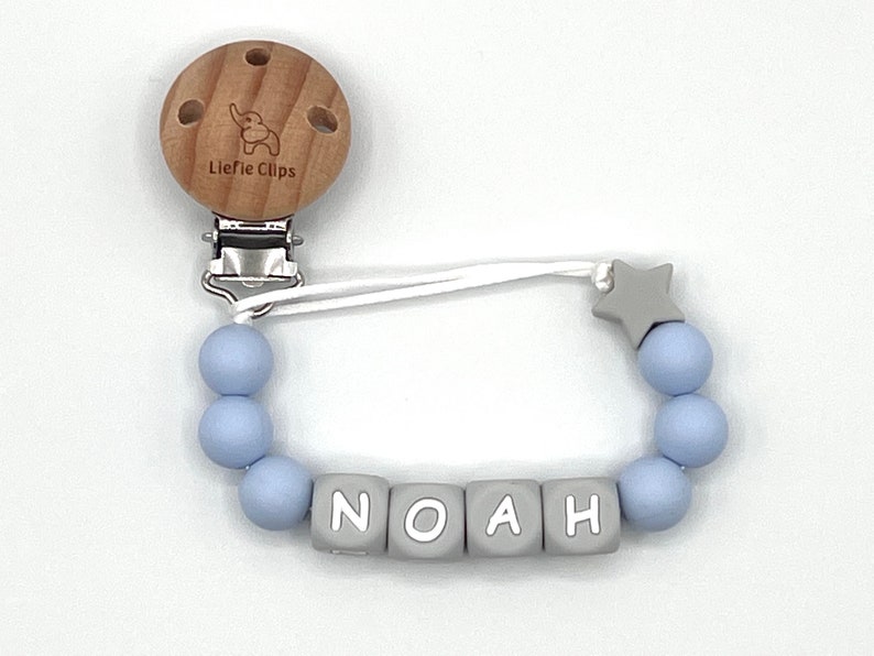 baby blue pacifier clip with gray letters, pacifier clip with gray letters, silicone pacifier clip, baby blue pacifier clip, gray pacifier clip, blue pacifier holder, baby shower gift, baby gift, pacifier clip for boys, pacifier clip for girls