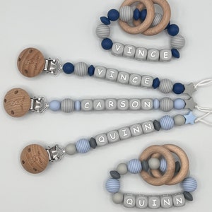 Pacifier Clip, blue Pacifier Clip, blue and gray pacifier clip, Gray letter pacifier clip