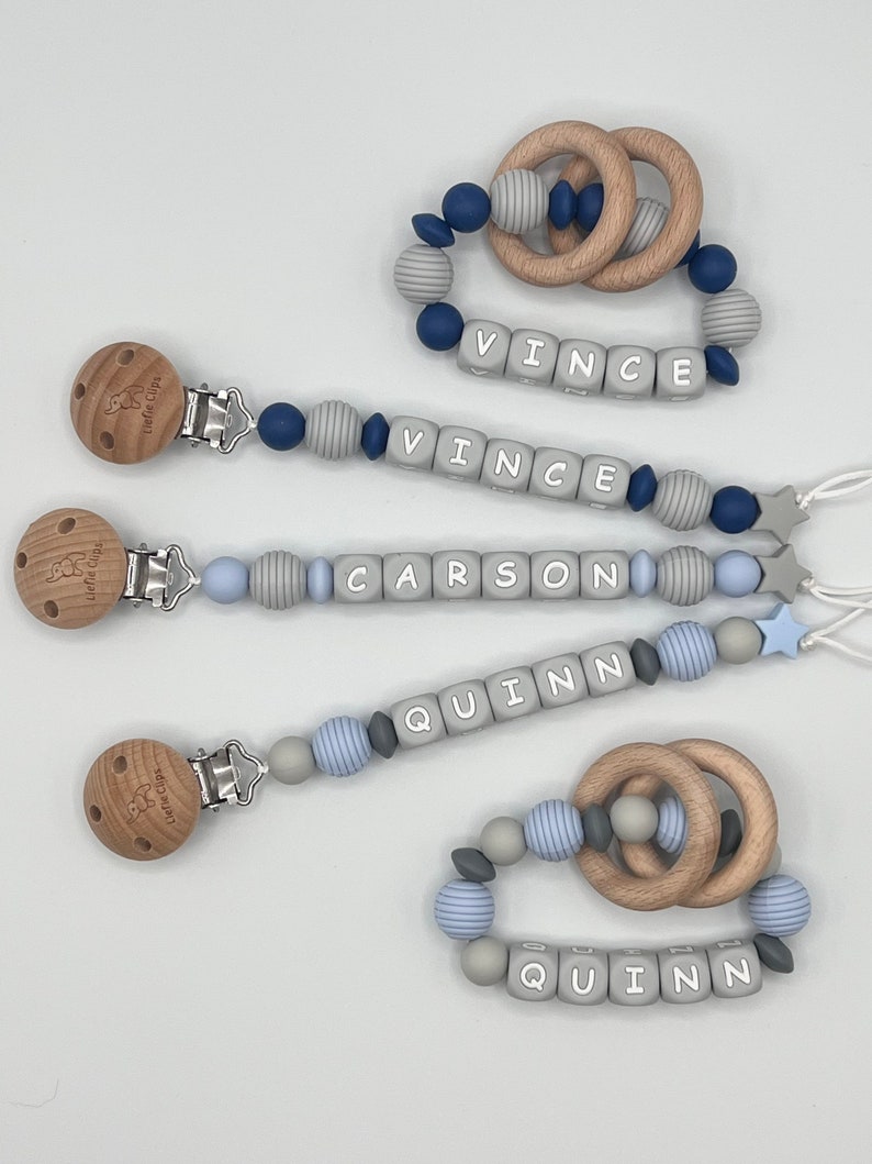 Pacifier Clip, blue Pacifier Clip, blue and gray pacifier clip, Gray letter pacifier clip