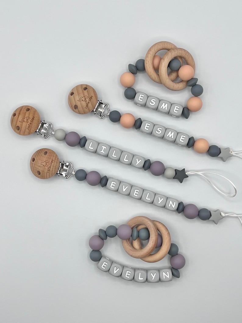 Pacifier Clip, purple Pacifier Clip, purple and gray pacifier clip, Gray letter pacifier clip, peach Pacifier Clip, peach and gray pacifier clip