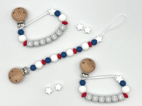 Personalized Pacifier Clip – 4th of July Red White & Blue – Custom Name Baby Gift – USA Patriotic Baby Accessories – Matching Rattles