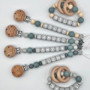 Pacifier Clip, slate blue Pacifier Clip, slate blue and gray pacifier clip, Gray letter pacifier clip