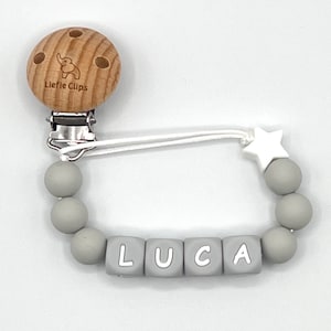 gray pacifier clip with gray letters, neutral pacifier clip, baby shower gift, baby gifts