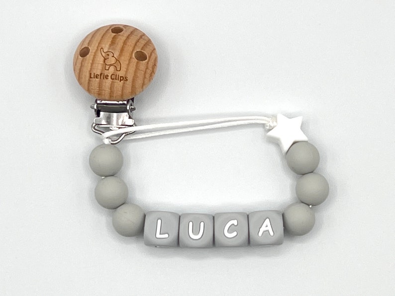 gray pacifier clip with gray letters, neutral pacifier clip, baby shower gift, baby gifts