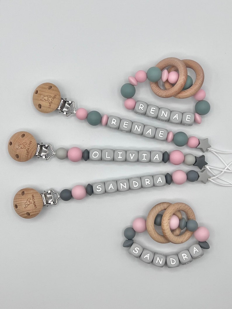 Pacifier Clip, Pink Pacifier Clip, Pink and gray pacifier clip, Gray letter pacifier clip