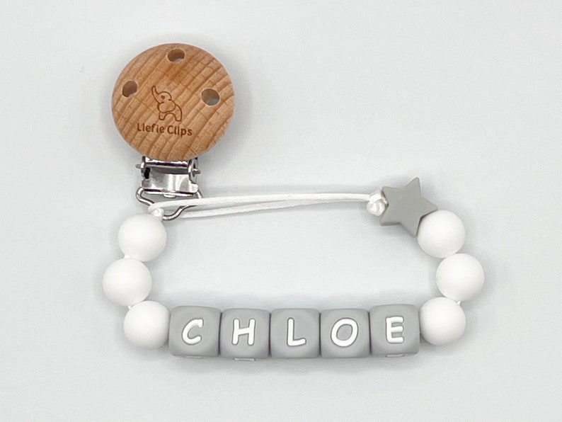 white pacifier clip with gray letters, neutral pacifier clip,white pacifier holder, baby shower gift, baby gift
