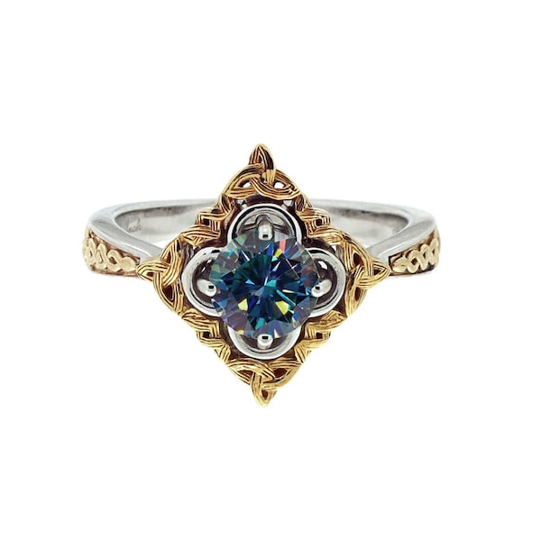 Mystic Blue Moissanite Celtic Trinity Knot Ring, Sizes 5-11, 925 Sterling Silver & 10k Gold