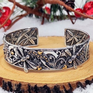 Silver & Gold Dragonfly Lovers Cuff Bracelet, Bali Dragonfly Bangles for Women, Handmade by Bali Artisans