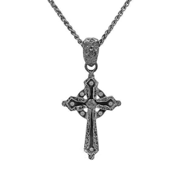 Keith Jack Jewelry Celtic Cross Pendant Necklace, Ruthenium 925 Sterling Silver, Irish Celtic Cross Necklace