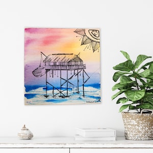 The Cabin, watercolour and illustration with pen on canvas