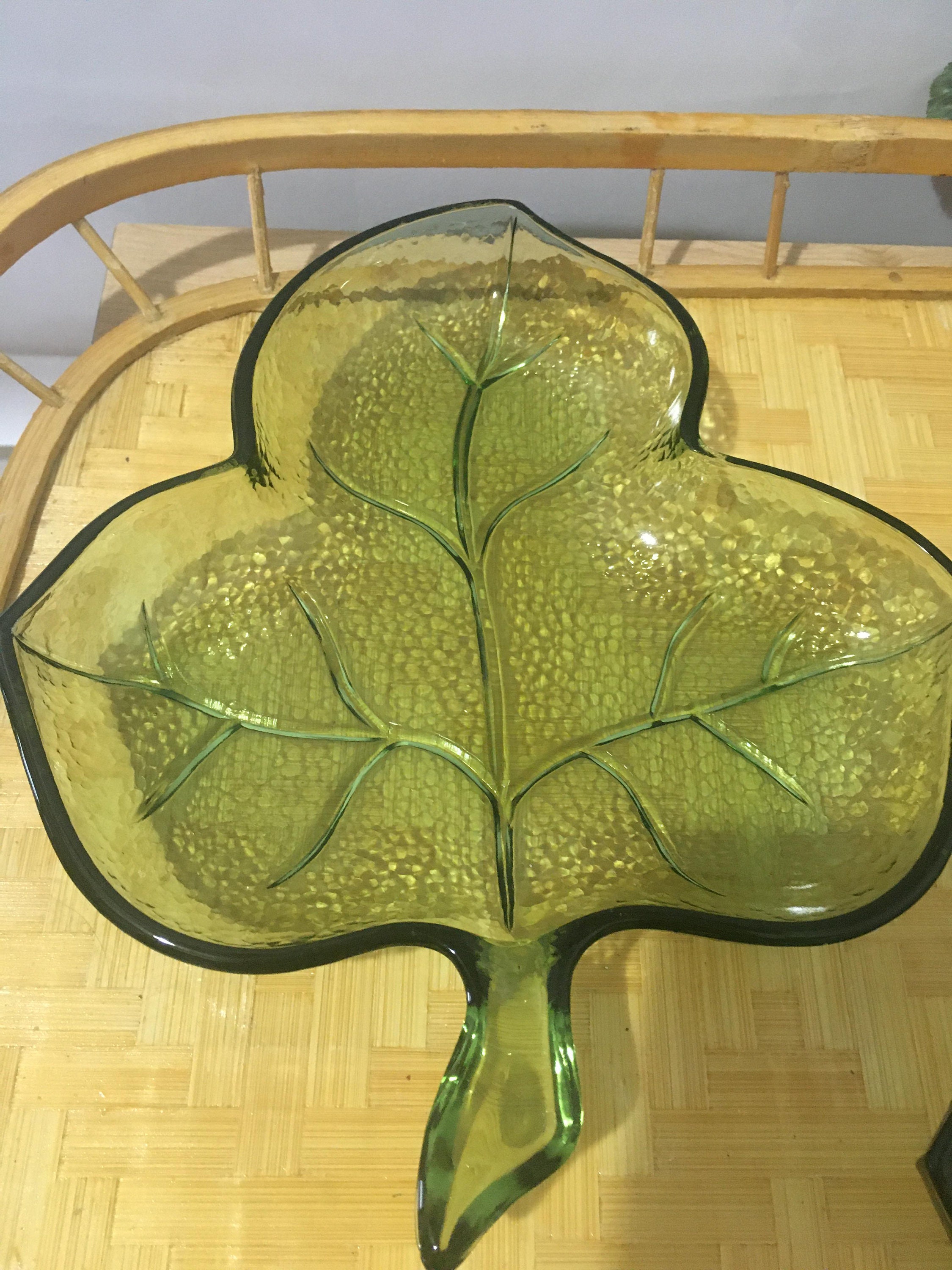 GREEN GLASS LEAF Dish Sectioned Catchall Dish Fall Etsy