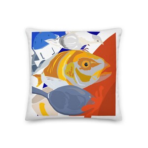 Premium “Communion” Throw Pillow, art pillows, decor, interior design, decorative pillows, fish, birds, Greece, Santorini, church, communion