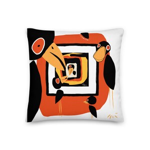 Premium “Critic’s Choice” Throw Pillow, art pillows, decor, interior design, decorative pillows, birds, orange, contemporary art, crows